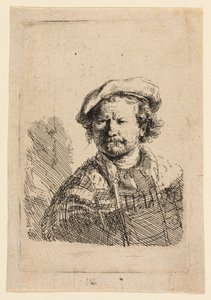 フラットキャップと刺繍ドレスの自画像 作： Rembrandt van Rijn