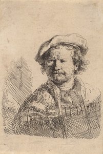 フラットキャップと刺繍ドレスの自画像、c。 1642年。 作： Rembrandt van Rijn