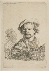 フラットキャップと刺繍ドレスの自画像、ca。 1642年。 作： Rembrandt van Rijn