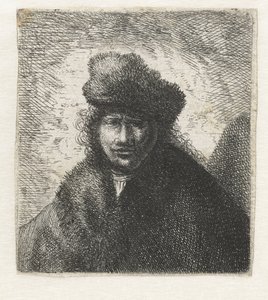 斜めの毛皮の帽子をかぶった自画像: 胸像、1631 年頃。 作： Rembrandt van Rijn