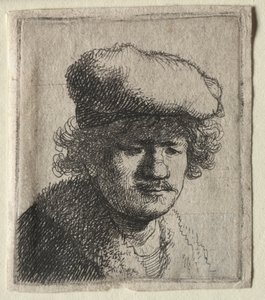 キャップを前に引いた自画像c。 1631年。 作： Rembrandt van Rijn