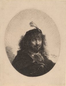 羽飾りの付いた帽子とサーベルを下げた自画像、1634年。 作： Rembrandt van Rijn