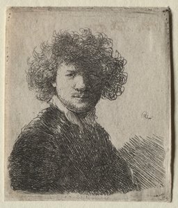 巻き髪に白襟の自画像：バスト 作： Rembrandt van Rijn