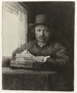 自画像、窓でエッチング 窓でエッチングしている自画像 作： Rembrandt van Rijn