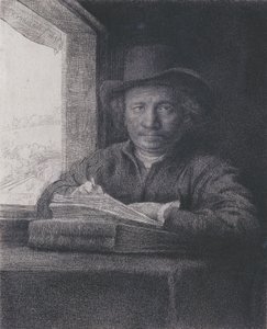 自画像、窓辺でのエッチング、1648（敷設された紙へのエッチングと彫刻） 作： Rembrandt van Rijn