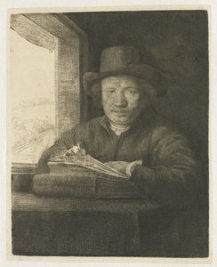 窓際の自画像エッチング 作： Rembrandt van Rijn