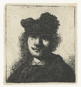 帽子と暗いマントの自画像：バスト 作： Rembrandt van Rijn