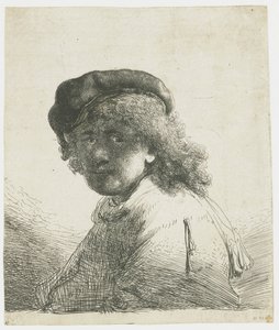 帽子とマフラー姿の自画像、顔は黒く: バスト 作： Rembrandt van Rijn