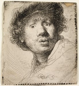 帽子をかぶった自画像：口を開けて、1630年。 作： Rembrandt van Rijn