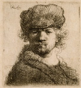 重い毛皮の帽子をかぶった自画像：胸像、1631年。 作： Rembrandt van Rijn