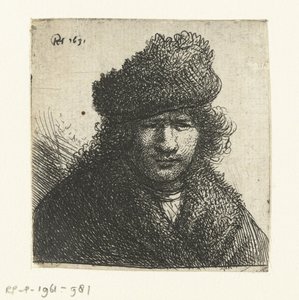 スラントファーキャップの自画像：バスト 作： Rembrandt van Rijn