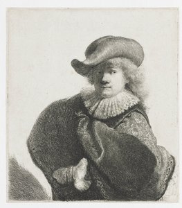 柔らかい帽子と模様のあるマントの自画像 作： Rembrandt van Rijn