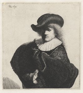 柔らかい帽子と刺繍のマントを着た自画像、1634年。 作： Rembrandt van Rijn