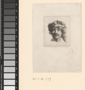 ソフトキャップをかぶった自画像：正面、頭部のみ 作： Rembrandt van Rijn