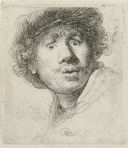 ベレー帽と目が広い自画像、1630 作： Rembrandt van Rijn