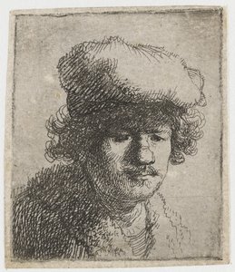 帽子を前に引いた自画像、1630 年頃。 作： Rembrandt van Rijn