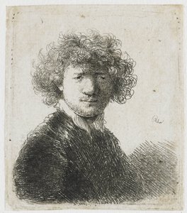 巻き髪に白襟の自画像：バスト 作： Rembrandt van Rijn