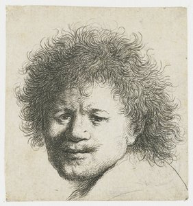 ふさふさした長い髪の自画像：頭のみ 作： Rembrandt van Rijn