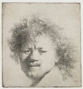 ふさふさした長い髪の自画像：頭のみ 作： Rembrandt van Rijn