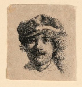 ソフトキャップをかぶった自画像：顔全体、頭のみ 作： Rembrandt van Rijn