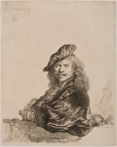 窓枠に寄りかかったセルフポートレート、1639年（エッチングとドライポイント） 作： Rembrandt van Rijn