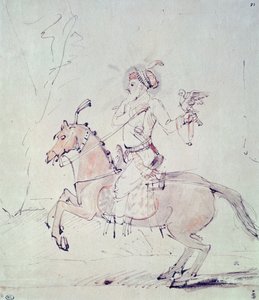 馬にハヤブサが乗ったシャージェハン（紙にペンとインクとトイレ） 作： Rembrandt van Rijn