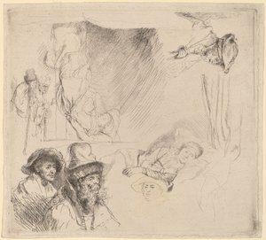 ベッドに病気で横たわっている女性を含む研究シート 作： Rembrandt van Rijn