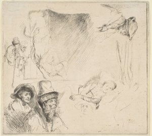 ベッドなどで病気で横たわっている女性との研究のシート、約。 164142。 作： Rembrandt van Rijn