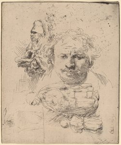 芸術家の頭、物乞いの男、女と子供の習作 作： Rembrandt van Rijn
