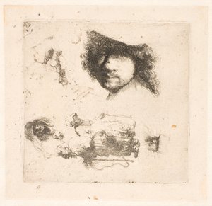 習作のシート: レンブラントの頭、物乞いの夫婦、老人と老婆の頭など。 作： Rembrandt van Rijn