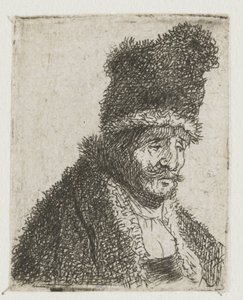 男性の頭部を描いた習作集：毛皮のコートとハイキャップを身につけた老人 作： Rembrandt van Rijn