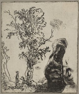 2つのスタディがあるシート：木とベルベットを身に着けているレンブラントの頭の上部...、ca。 1642年。 作： Rembrandt van Rijn