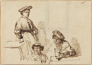 居酒屋のスケッチ: 立っている女性と座っている 2 人の男性 作： Rembrandt van Rijn