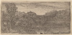 小さな灰色の風景: プールのそばの家と木々 作： Rembrandt van Rijn