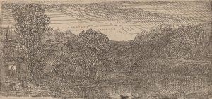 小さな灰色の風景：プールのそばの家と木、c。 1640年。