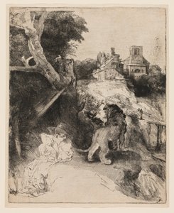 イタリアの風景の中で読書する聖ヒエロニムス 作： Rembrandt van Rijn