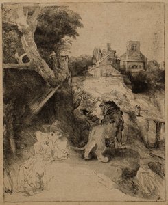 イタリアの風景の中で読書する聖ヒエロニムス 作： Rembrandt van Rijn