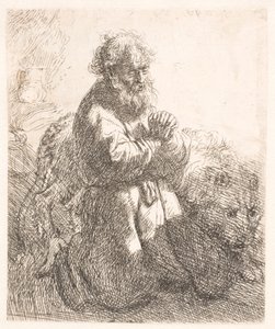 ひざまずいて祈りを捧げる聖ヒエロニムス 作： Rembrandt van Rijn