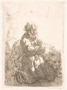 ひざまずいて祈りを捧げる聖ヒエロニムス 作： Rembrandt van Rijn