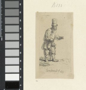 高い帽子をかぶり、棒にもたれて立っている農夫 Requeil de quatre-vingt-cinq estampes originales (シリーズタイトル) 作： Rembrandt van Rijn