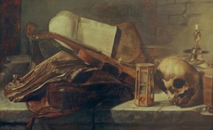 本、バイオリン、頭蓋骨、砂時計のある静物 作： Rembrandt van Rijn