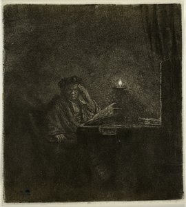 キャンドルライトのそばのテーブルにいる学生 作： Rembrandt van Rijn