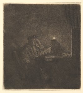Candlelightによってテーブルの学生、ca。 1642年。 作： Rembrandt van Rijn