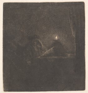 ろうそくの灯りの下、机に向かう学生 作： Rembrandt van Rijn
