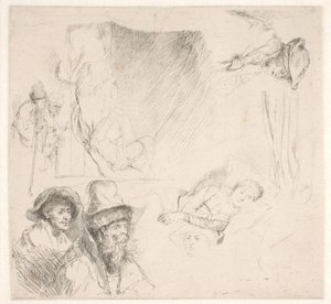 寝たきりの女性を含むStudieblad 作： Rembrandt van Rijn