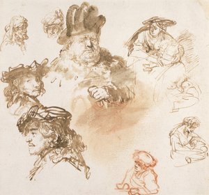 歳の男性の頭と子供を持つ3人の女性の研究、c.1635-36（紙の上にインクとウォッシュ） 作： Rembrandt van Rijn