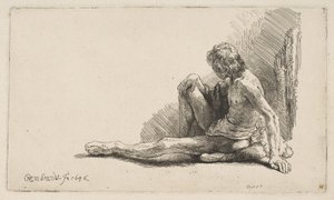 ヌードからの研究：片足を伸ばして地面に座った男、1646年。 作： Rembrandt van Rijn