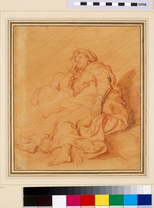 レイチェル像の習作」1621年頃（オレンジ色の下敷きに赤チョーク、黒と白のチョークで描かれている 作： Rembrandt van Rijn