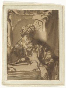 王座に就くアハシュエロス王を演じる俳優ウィレム・バルトルス・ルイター 作： Rembrandt van Rijn