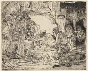 羊飼いの崇拝：ランプとともに 作： Rembrandt van Rijn